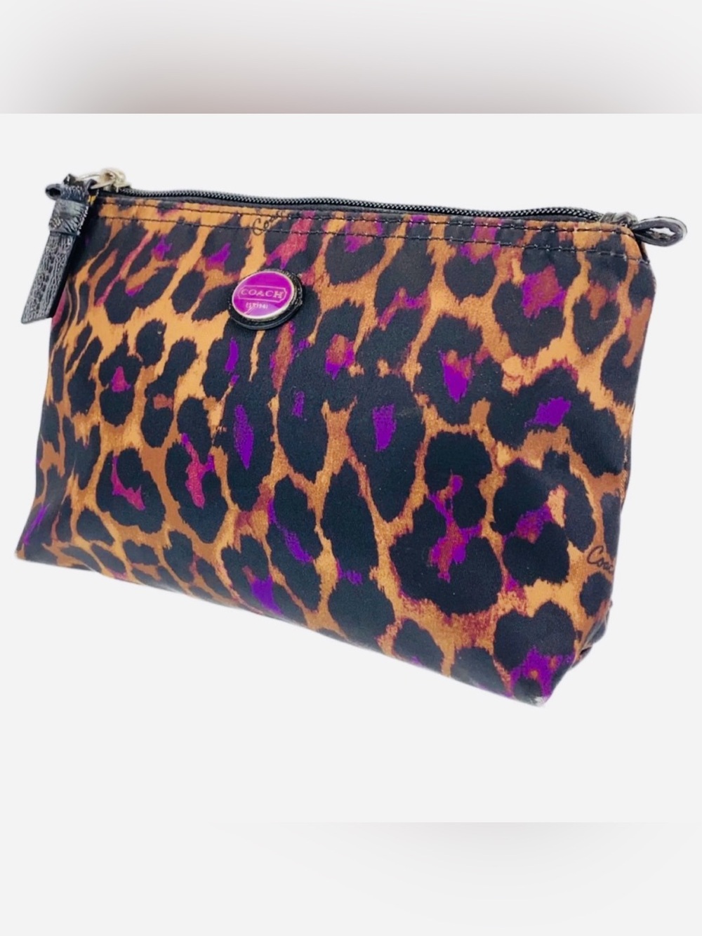 Coach Leopard Ocelot Zip Cosmetic Pouch wirh Purple Accents